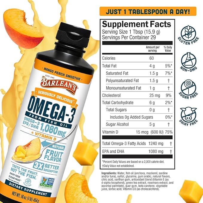 Barlean's Omega 3 Fish Oil Liquid Supplement with Vitamin D for Men and Women 1080mg of EPA and DHA Fatty Acid Promotes Brain &amp Heart Health - Non-GMO Mango Peach 16 oz