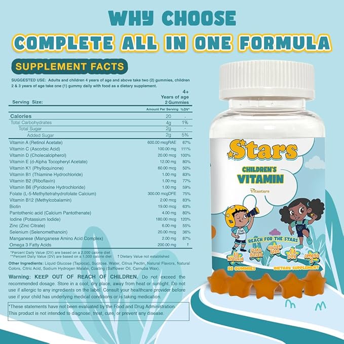 Stars Kids Multivitamin Gummies with Omega 3 Vitamins for Kids with A B C D Plant Based Multi Vitamins for Children Manganese 60 Star-Shaped Multivitamin for Kids Gluten-Free Gummy Vitamins