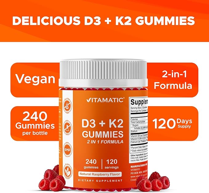 Vitamatic Vitamin D3 K2 with Calcium Gummies - 240 Count - Non-GMO Gluten Free