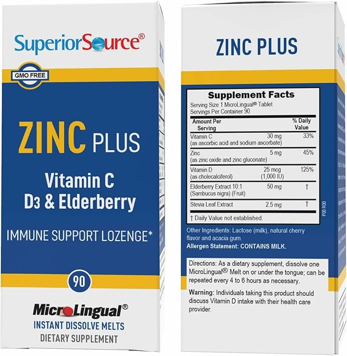 Superior Source Zinc Plus - Immune System Health Support Supplement - Vitamin C Elderberry &amp Vitamin D3-90 Instant Dissolve Tablets (Pack of 2)