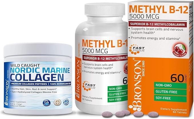 Bronson Marine Collagen Peptides Hydrolyzed Protein Powder + Methyl B12 5000 mcg Vitamin B12 Methylcobalamin