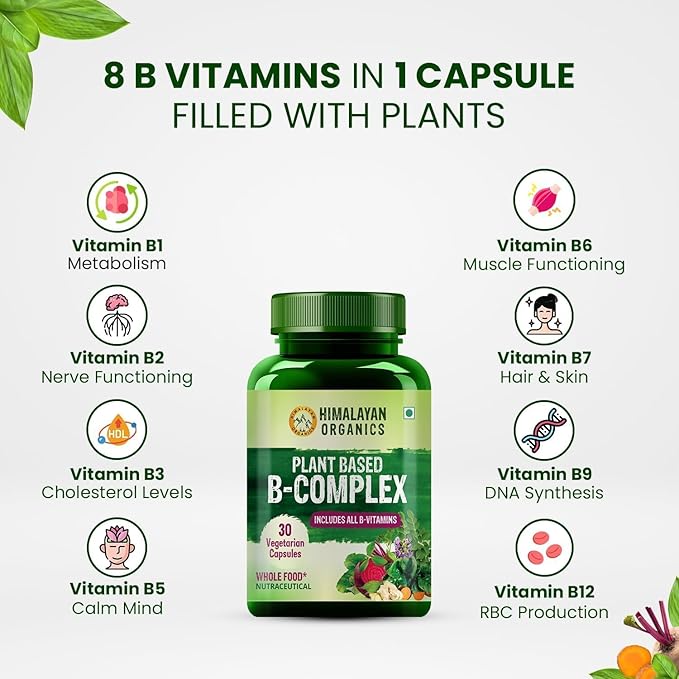 Plant Based Vitamin B Complex with 100% RDA B1 B2 B3 B5 B6 B9 &amp B12 | Hair Growth Boost Energy and Immunity (30 Capsules)