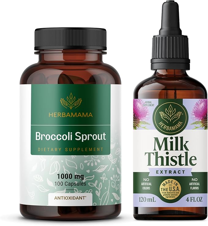 HERBAMAMA Broccoli Sprout and Milk Thistle Kit - Bundle of 1000 mg Broccoli Sprout Capsules &amp Milk Thistle Extract 4 fl oz - Vegan Non-GMO Sugar &amp Alcohol-Free - 2 Pack