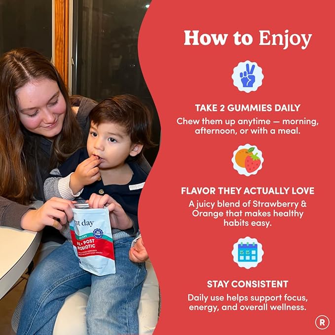 FIRST DAY Toddler Tribiotic Gummies (Ages 2-3) | Kids Probiotic Gummies | 3 in 1 Pre + Pro + Postbiotics for Kids Digestive &amp Immune Health - Kiwi 60 Counts (30 Days Supply)