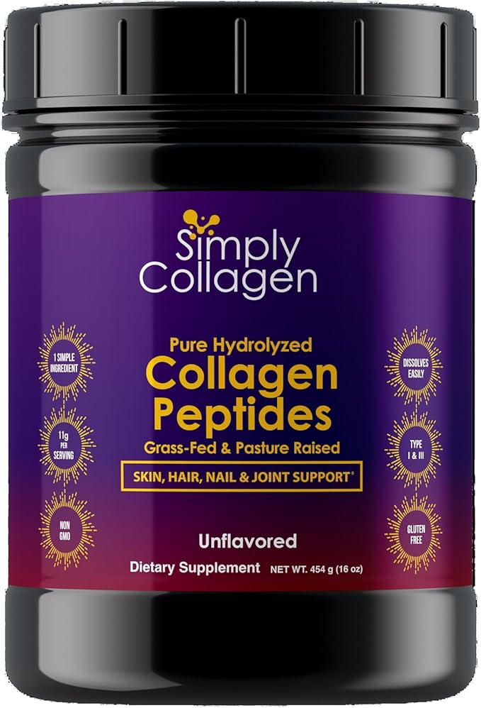 Simply Collagen® Hydrolyzed Collagen Peptides Powder – Grass-Fed Unflavored Type I &amp III – Supports Hair Skin Nails Bones &amp Joints – 41 Servings