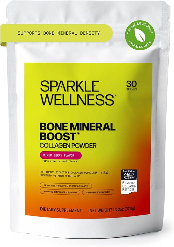 Sparkle Wellness FORTIBONE Bioactive Collagen Peptides | Collagen Powder Supplement with Nutra C Buffered Vitamin C for Bone Health | Bone Mineral Boost (Mixed Berry) [30 Serves]