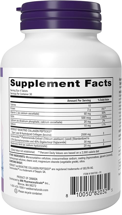 Webber Naturals Collagen30 with Ceramides Bioactive Collagen Peptides 120 Tablets Hydrating Glow Helps Improve Skin Hydration Elasticity &amp Smoothness Non GMO Dairy &amp Gluten Free