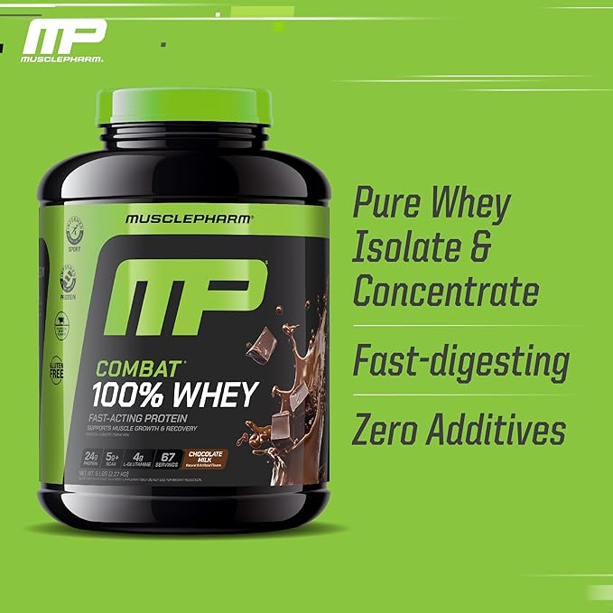 MusclePharm Combat 100% Whey Protein Powder Chocolate Milk Fast Recovery &amp Muscle Gain with Whey Isolate High Protein Powder for Women &amp Men Gluten Free 5lb 67 Servings