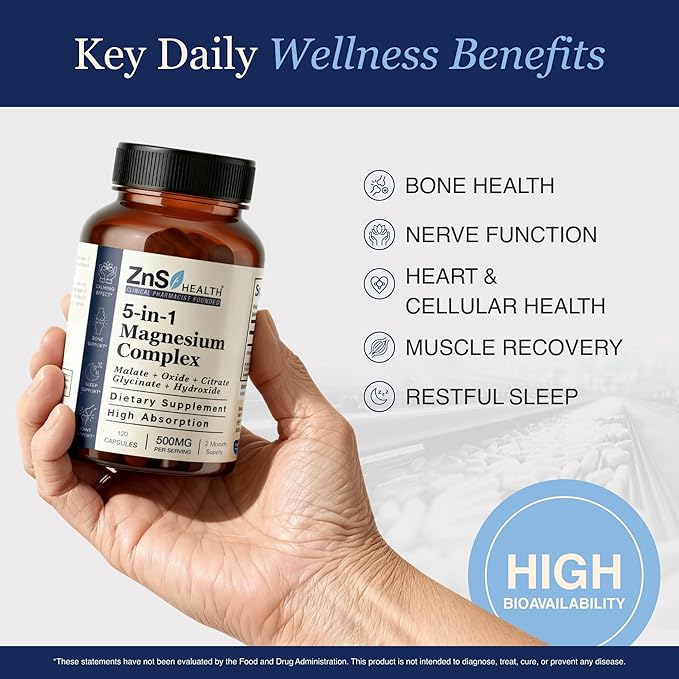 Spectrum 5 Magnesium Complex for Women &amp Men – 5 Magnesium Complex Supplement with Glycinate Malate Citrate &amp Hydroxide for Sleep Muscle Recovery &amp Calm – 500mg Vegan – 120 Capsules