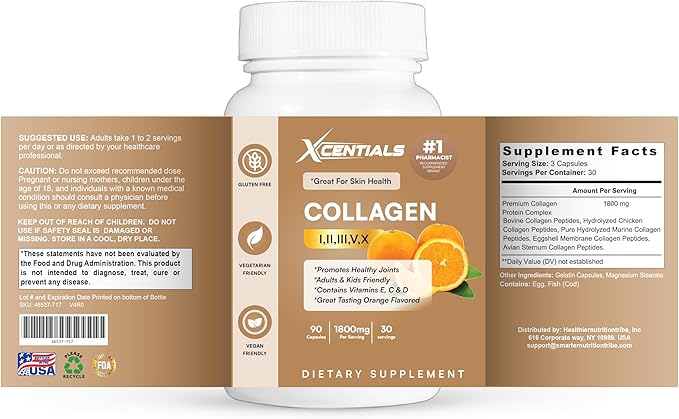 Multi Collagen Peptides Capsules Hydrolyzed Types I II III V &amp X for Skin Hair Nail &amp Joint Support 1800 mg per Serving 90 Capsules