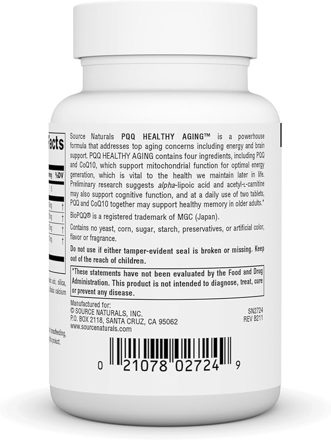 Source Naturals PQQ Healthy Aging - for Mitochondrial Energy &amp Brain Support - 30 Tablets