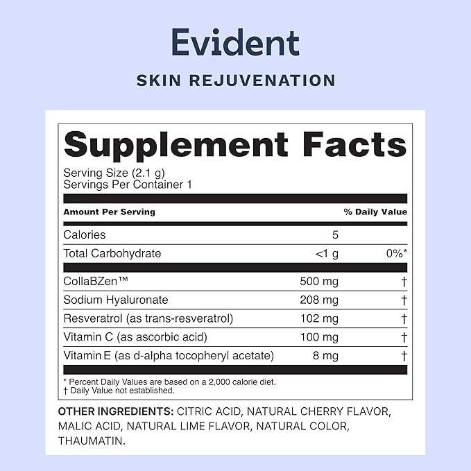 Skin Rejuvenation Powder – Collagen Supplement w/Resveratrol Sodium Hyaluronate CollaBZEn Vitamins C &amp E – Supports Elasticity Hydration Firmness – 30 Stick Packs Cherry Lime