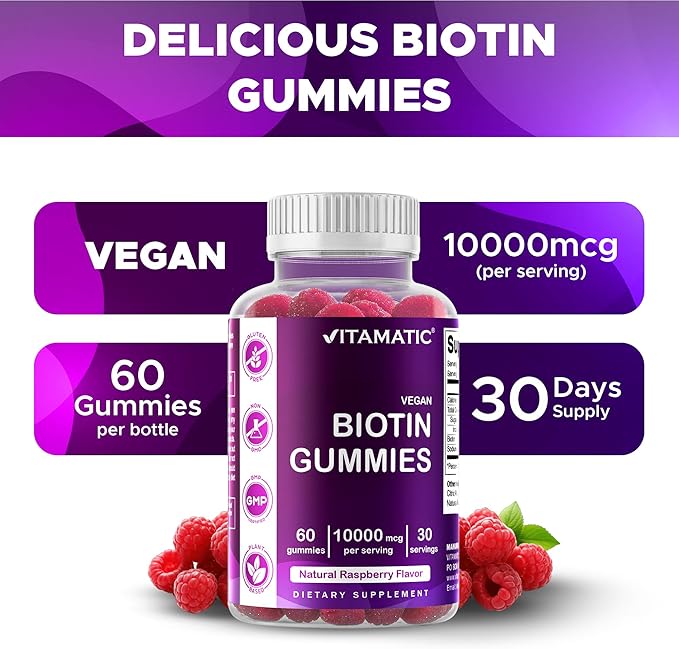 Vitamatic Biotin Gummies 10000 mcg for Stronger Hair Skin &amp Nails - 60 Vegan Gummies - Also Called Vitamin B7 (3 Bottles)