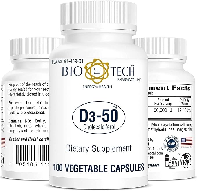 Bio-Tech Pharmacal D3-50 50000 IU 100 Vegetable Capsules – All-Natural Supplement – Supports Bone &amp Immune Health – No Dairy Fish Gluten Peanut Shellfish &amp Soy