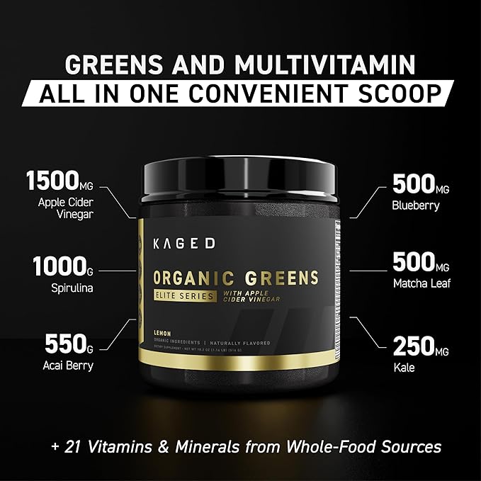 Kaged Organic Greens Elite Superfood and Greens Powder with Apple Cider Vinegar Adaptogen Prebiotics Vitamins &amp Minerals Berry 30 Servings