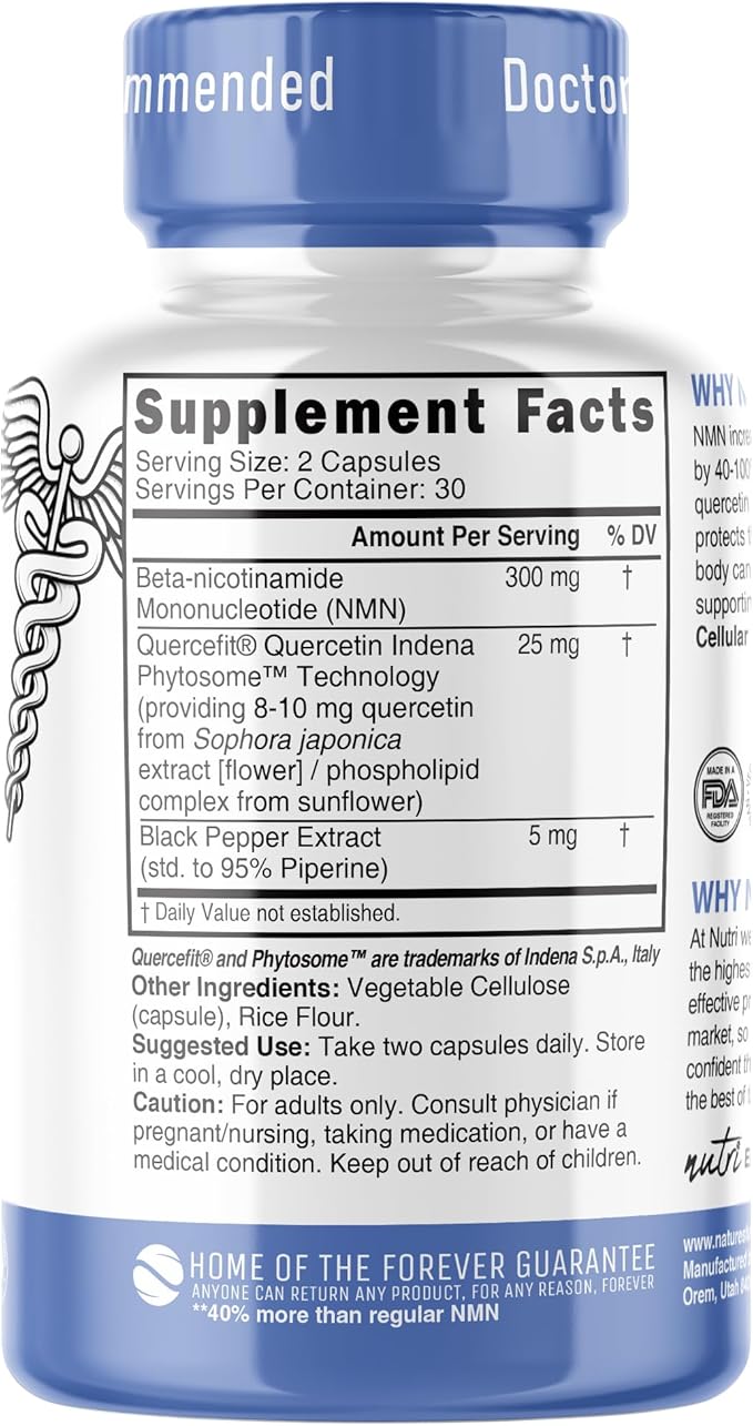 Nutri NMN Supplement 300mg NAD Supplement - (2 Pack) Ultra High Absorption Nicotinamide Mononucleotide 40% More NAD+ with Quercetin Phytosome &amp Black Pepper - 120 Capsules - 3rd Party Tested
