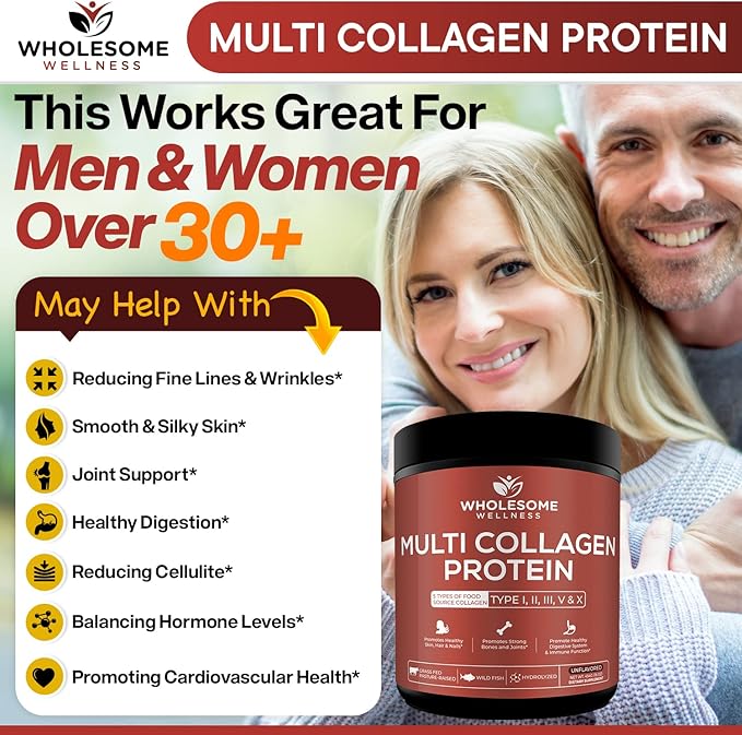 Wholesome Wellness Premium Multi Collagen Peptides Protein Powder for Women and Men 5 Types of Hydrolyzed Collagen Grass-Fed Non-GMO &amp Unflavored Pure Protein for Youthful Skin &amp Joint Rec