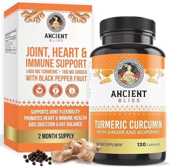 Turmeric Curcumin with Ginger &amp Bioperine Turmeric Curcumin with Black Pepper &amp Raw Ginger Root Powder Capsule Supplement by Ancient Bliss (120 Capsules)