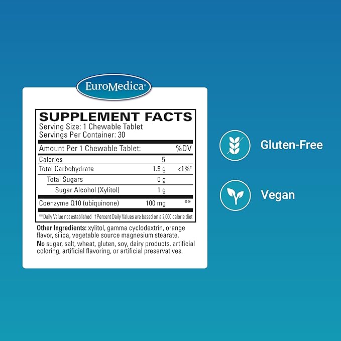 EuroMedica CoQ10 100 mg - Cellular Energy Support Supplement - Higher Absorption CoQ10 Chewable Supplement - Nutritional Supplement to Aid Healthy Aging &amp Brain Health - 30 Chewable Tablets