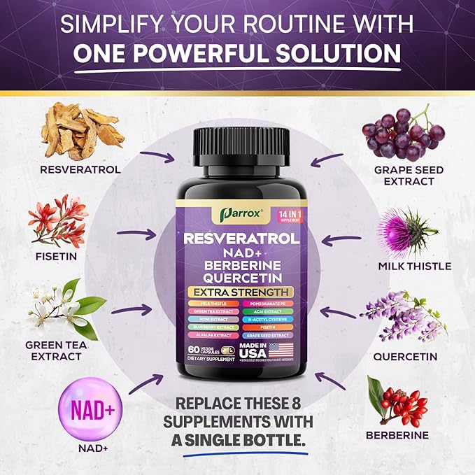 Resveratrol Supplement with Milk Thistle NAD Berberine Quercetin Fisetin Pomegranate Green Tea Noni Acai Blueberry Grape Seed Extracts N-Acetyl Cysteine 14-in-1 Extra Strength (120 Caps)