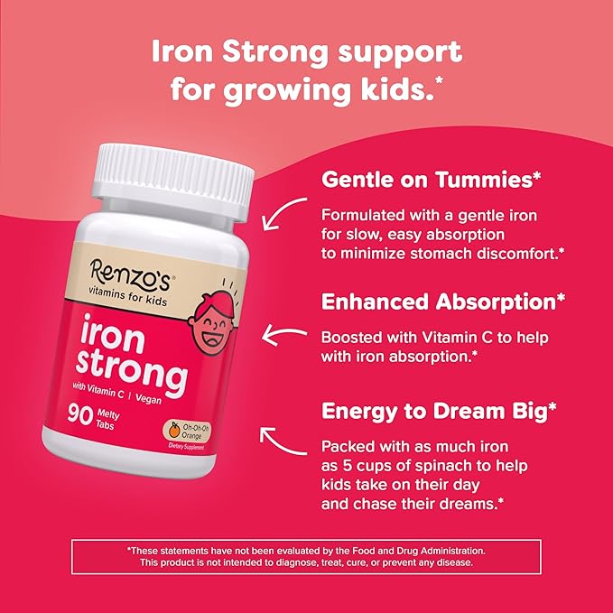 Renzo's Iron Supplements for Kids Dissolvable Vegan Kids Iron Supplement with Vitamin C Sugar-Free Melty Tabs Orange Flavor 90-Count