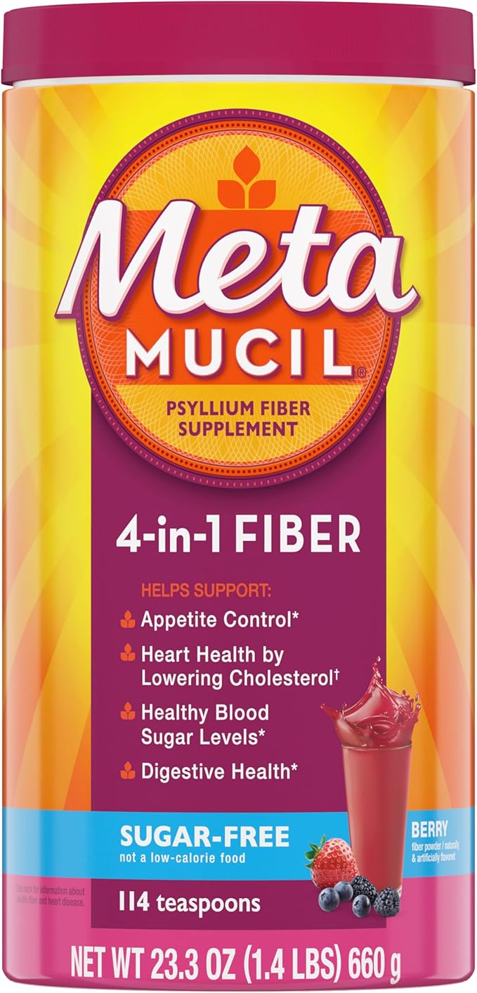 Metamucil 4-in-1 Fiber Supplement Psyllium Husk Powder Sugar-Free Powder Berry Flavored Drink 114 Servings