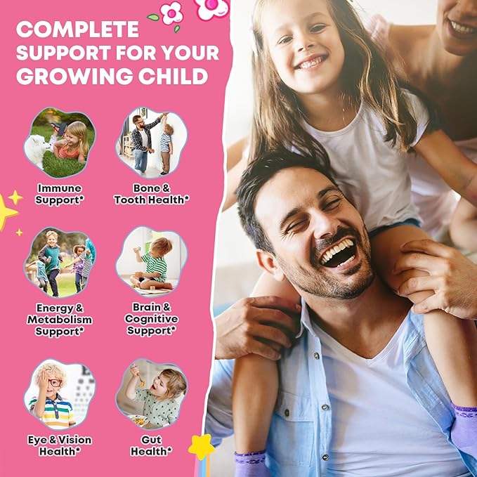 Kids Multivitamin Gummies with Omega-3 (Dha+Epa) Methylated B12 &amp Folate B6 B2 &amp Elderberry Vitamin D3 C A E Zinc Postbiotics Choline | for Brain Eye &amp Immune Clean Sugar Free