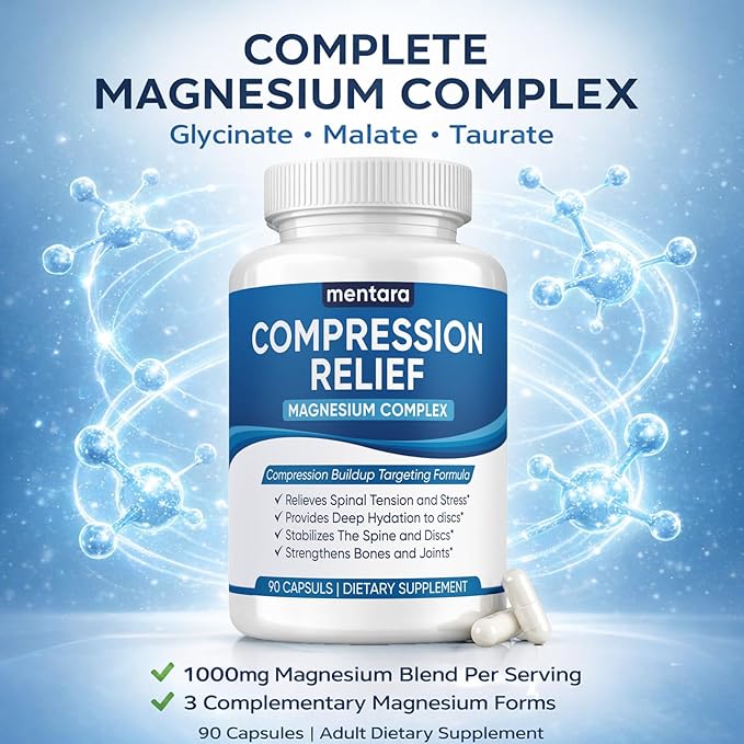 Mentara Compression Relief Magnesium Complex 1000mg – Glycinate Malate Taurate Blend for Daily Mobility &amp Muscle Function Support Non GMO Mineral Supplement for Active Lifestyle 90 Capsules (1)