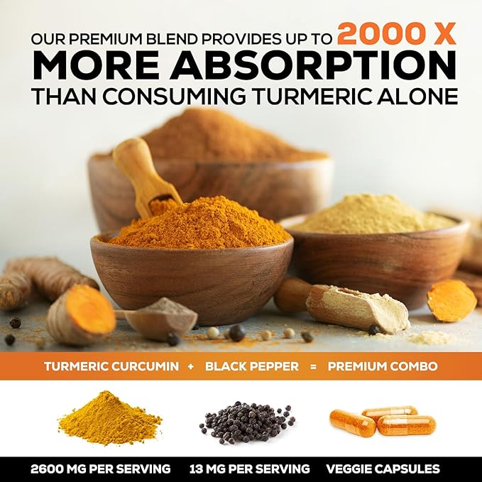 Turmeric Curcumin Supplement - 2400mg Organic Turmeric Per Serving - 95% Curcuminoids &amp BioPerine Black Pepper Extract for Best Absorption - Natural Vegan Joint Support Bottled in USA - 240 Capsu