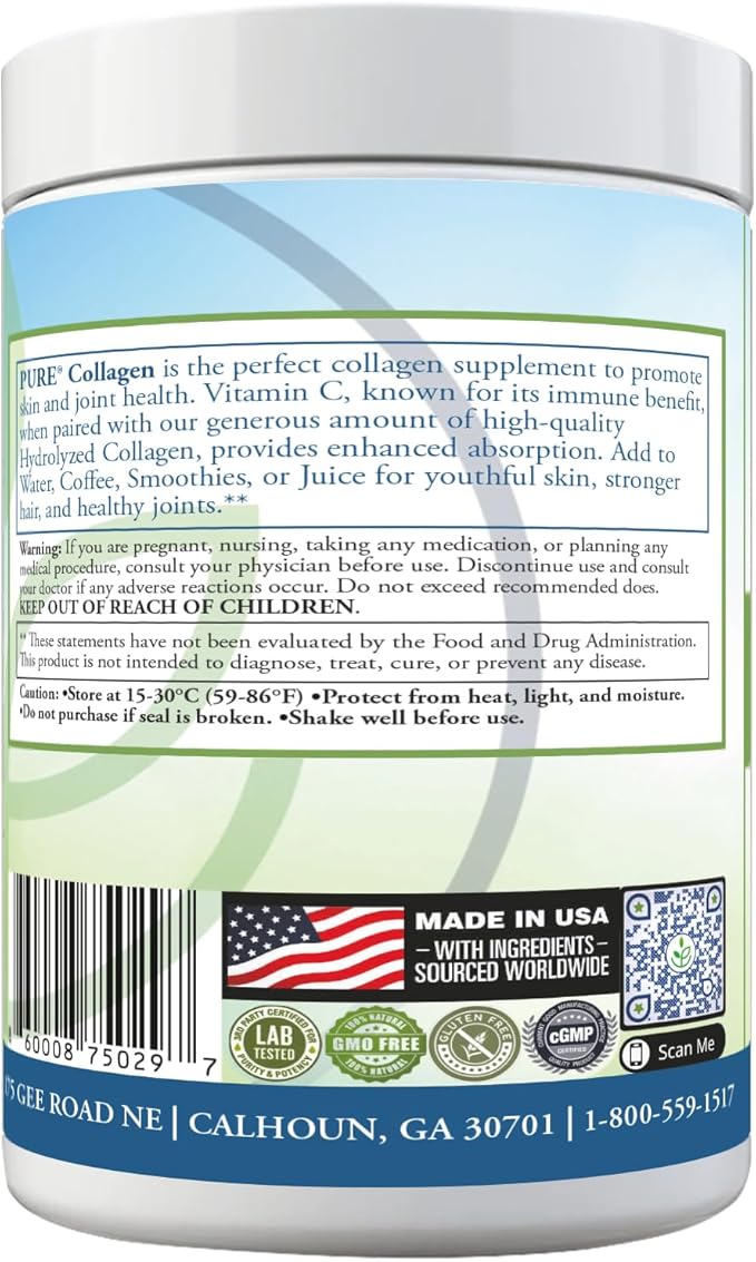 PURE® Hydrolyzed Marine Collagen Powder - 10g Collagen per Serving - 30 Servings Unflavored - with 100mg Vitamin C for Maximum Absorption - Skin Hair Nail &amp Joint Support - Non-GMO Made in USA