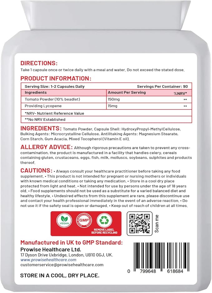 Lycopene 10% Beadlet 15mg 90 Capsules - UK Manufactured | GMP Standards by Prowise Healthcare - Suitable for Vegetarians and Vegans