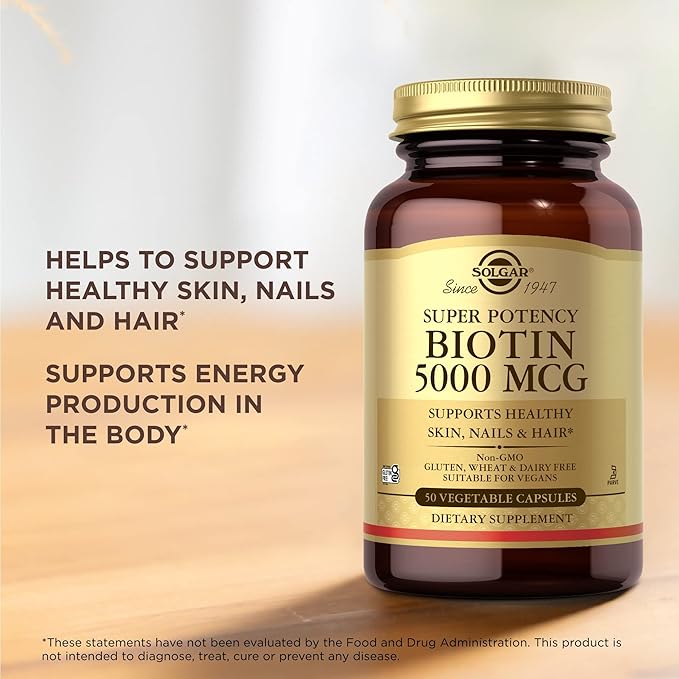 Solgar Biotin 5000 mcg - 50 Vegetable Capsules Pack of 2 - Supports Healthy Skin Nails &amp Hair - Non-GMO Vegan Gluten Free Dairy Free Kosher - 100 Total Servings