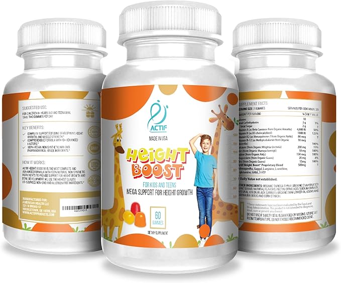 Actif Height Boost Mega Support for Height Growth with 10+ Factors Height Supplement for Kids and Teens 60 Gummies Strawberry Flavor Get Tall Fast Formula