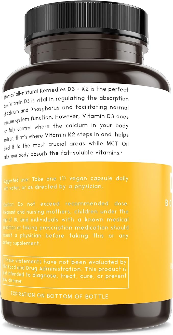 Thomas' all-natural Remedies D3 + K2 with MCT Oil for Better Absorption &amp Raw Whole Food Blend 1000 IU D3 Vegan Made in USA Support for Your Heart Bones &amp Teeth Non-GMO (120ct)