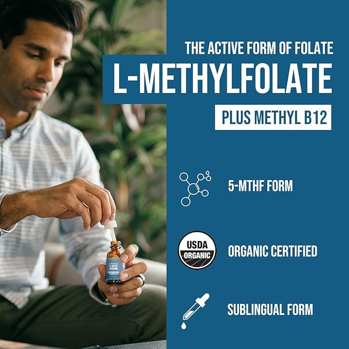 L Methyl Folate 15mg Plus Methyl B12 Cofactor – Organic Berry Flavor High Potency Liquid Sublingual Active 5-MTHF Form - Supports Mood Methylation Cognition – Bioactive Forms Vitamin B9 &amp B12 (