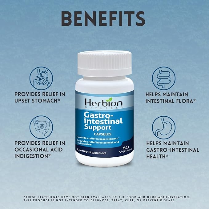 HERBION Naturals Gastro-intestinal Support Herbal Blend for Upset Stomach Relief Gastrointestinal Health and Function Occasional Acid Indigestion Healthy Intestinal Flora 60 Vegicaps - Pack of 4