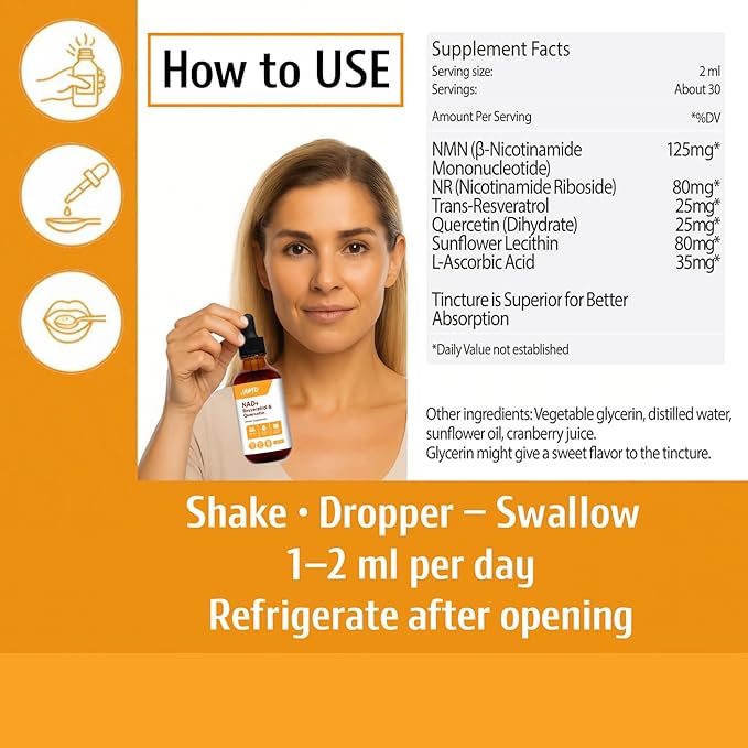 Jantu NAD+ Resveratrol and Quercetin Supplement 2 FL OZ Liquid Tincture with L-Ascorbic Acid 30-Day Supply Alcohol-Free Dietary Supplement