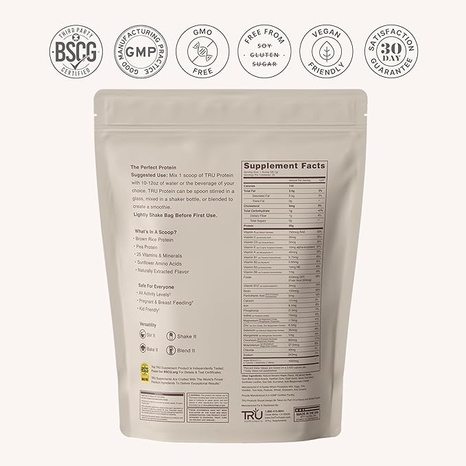TRU Supplements Plant Based Protein Powder BCAA EAA 20g Vegan Brown Rice &amp Pea Protein 100 Calories 27 Vitamins No Artificial Flavors 25 Servings (Banana Maple Muffin)