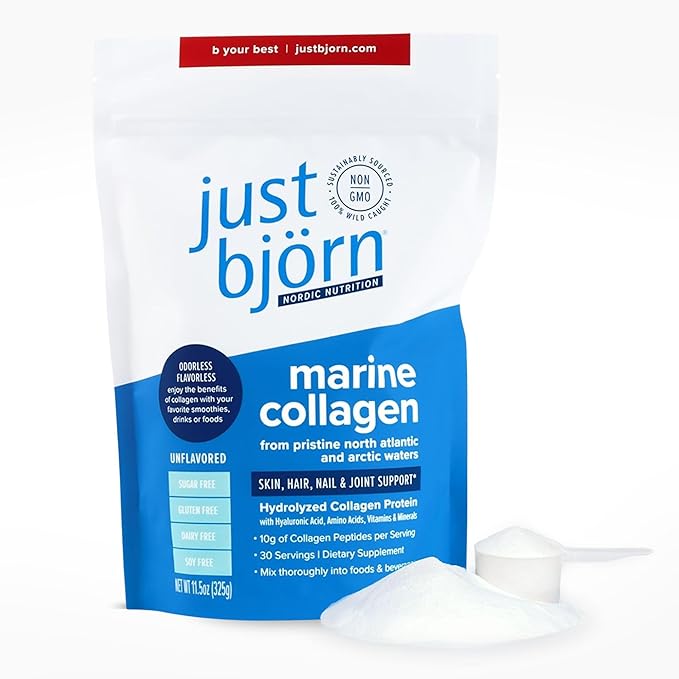 Just Bjorn Marine Collagen Peptides Powder for Women &amp Men - Skin Hair Nail and Joint Support - Hyaluronic Acid Vitamin C Amino Acids - Unflavored (30 Servings / 11.5 Ounce)