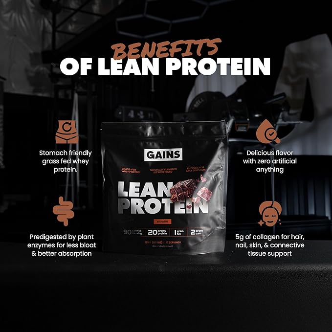 Gains in Bulk Lean Protein Powder with Collagen Peptides Gluten Free Grass Fed Whey 20 G Protein &amp 5 G Collagen Plant Enzymes to Support Digestion Natural Ingredients Brownie Flavor 27 Servi