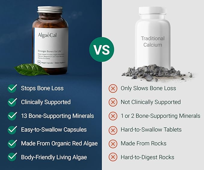 ALGAECAL- Plant Based Calcium Supplement with Vitamin D3 (1000 IU) for Bone Strength Contains 13 Minerals Supporting Bone Health Organic Calcium (750 mg) for Women &amp Men 90 Veggie Caps Made in