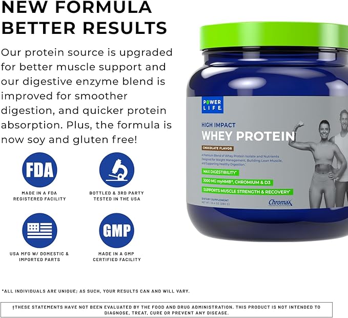 POWERLIFE High Impact Grass Fed Whey Protein with 3000 MG of HMB No Sugar Added Non-GMO Hormone and Antibiotic Free 15 Servings (Chocolate - New Formula)