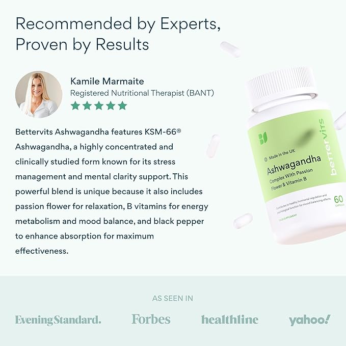 Bettervits Ashwagandha Complex with Passion Flower and Vitamin B – KSM-66® Organic Root Extract 800 mg – Supports Calm Energy and Emotional Balance – 60 Capsules