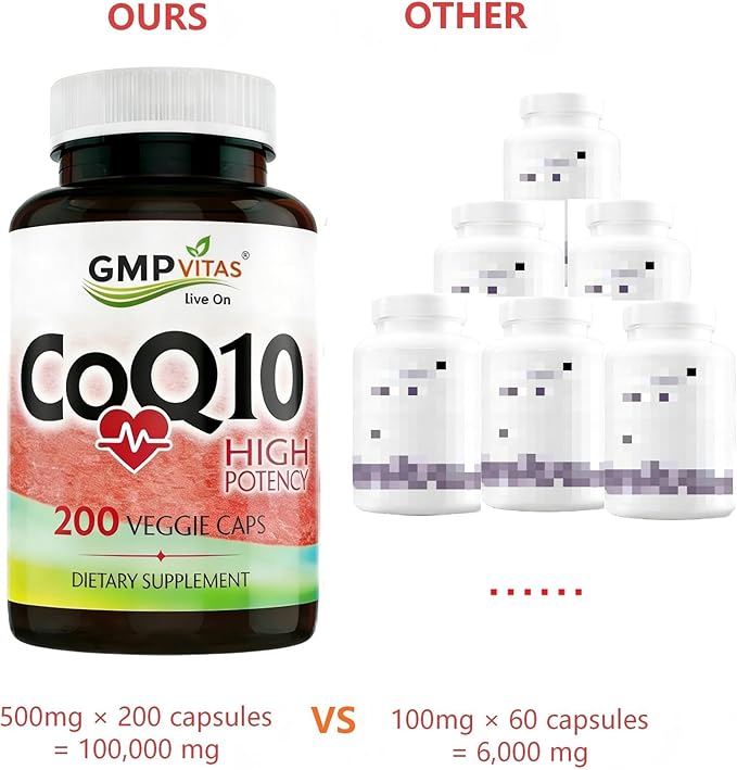 CoQ10 500mg High Potency Coenzyme Q10 Supplement 200 Vegetarian Capsules (6 Month Supply) Supports Heart Health Energy &amp Antioxidant Protection Made in USA