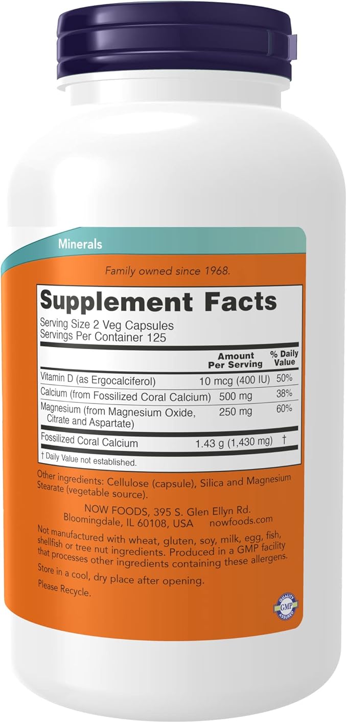 NOW Supplements Coral Calcium Plus Bone Health* Healthy pH Balance* 250 Veg Capsules (Pack of 2)