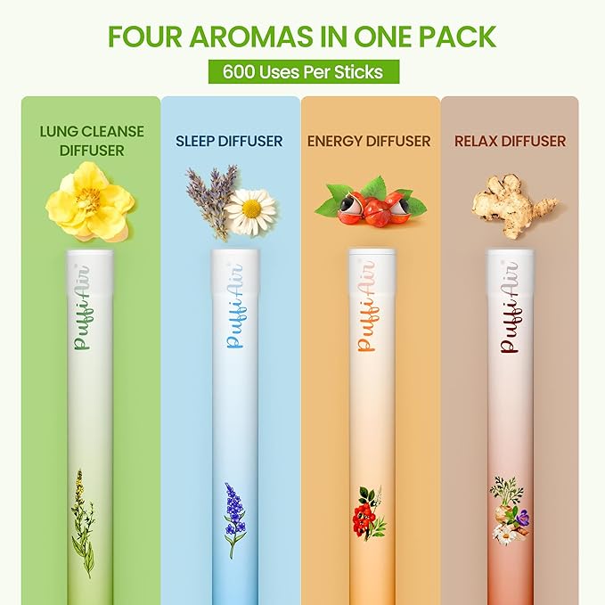PUFFIAIR Herbal Diffuser Pen 4 Pack Clean Botanical Aromatherapy Diffusers Four Aroma Variety Set Cool Mint &amp Herbal Scents Smooth Daily Experience Up to 600 Uses Each