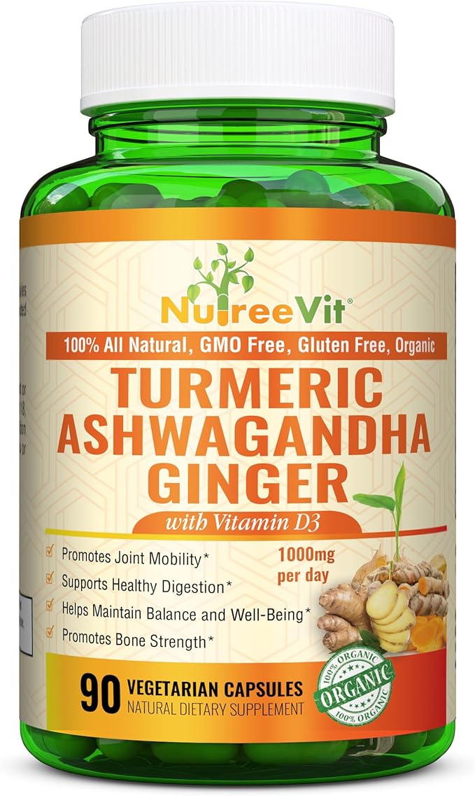 NutreeVit Organic Turmeric with Ashwagandha &amp Ginger - 90 Capsules | Ashwagandha Root &amp Turmeric Supplement with Vitamin D3 | Herbal Supplement for General Wellness