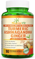 NutreeVit Organic Turmeric with Ashwagandha &amp Ginger - 90 Capsules | Ashwagandha Root &amp Turmeric Supplement with Vitamin D3 | Herbal Supplement for General Wellness