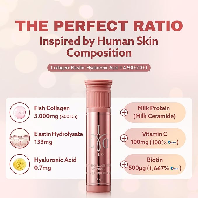 ILO Liquid Collagen Drink – 3000mg Type 1 Marine Collagen with Biotin &amp Ceramide | Skin Glow &amp Hydration | Orange Flavor | 8 Bottles – Korean Beauty Supplement