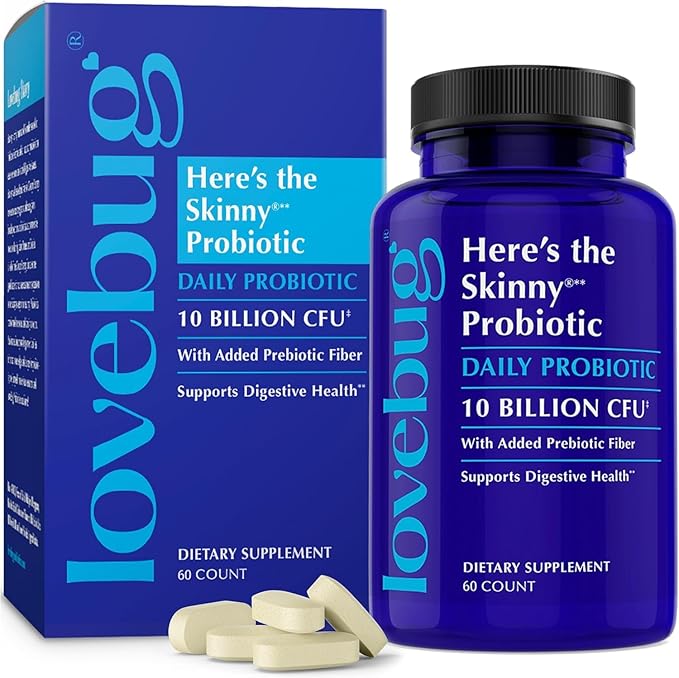 LOVEBUG Skinny Prebiotics and Probiotics for Women Digestive Health &amp Immune Support - 10 Billion CFU Probiotic Strains Gut Health Gas Constipation &amp Bloating 60ct